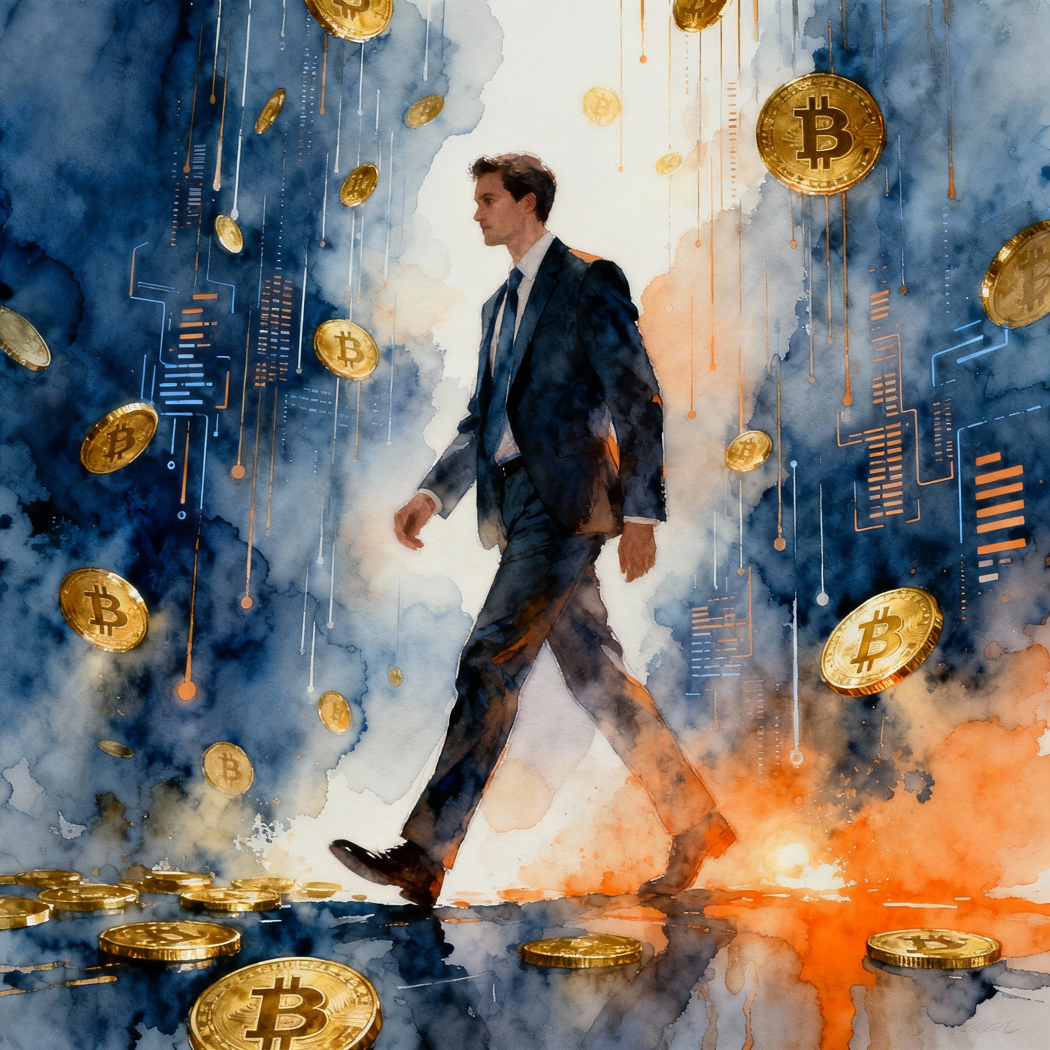 Art: En travel forretningsmann i en skreddersydd dress vandrer gjennom et regnvær av gylne bitcoin-mynter og digitale datastrømmer. De myke akvarellvaskene blander dype indigoblå toner med glødende oransje, noe som skaper en dynamisk balanse mellom det formelle og det flyktige.
