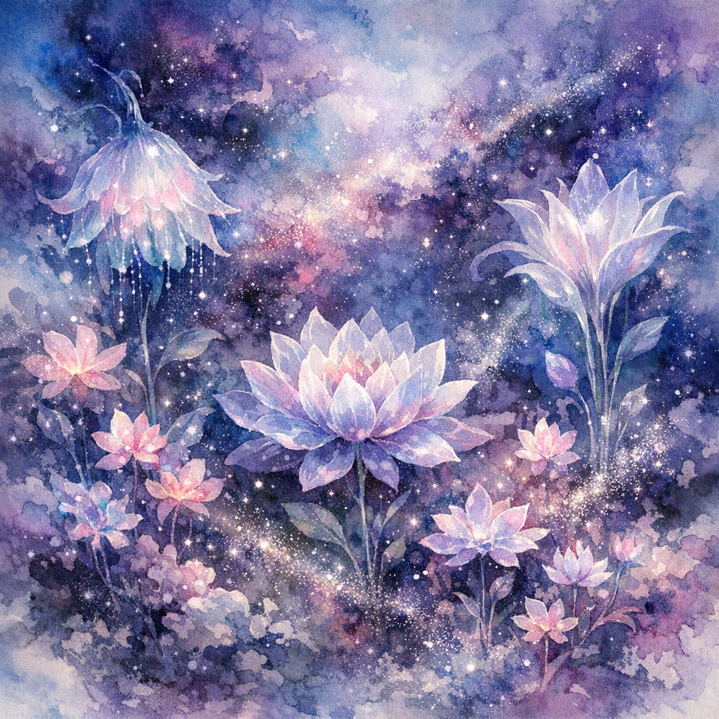 Art: En eterisk hage der lysende, fremmede blomster blomstrer midt i en virvlende galakse av flytende akvarellvask. Gjennomsiktige kronblader fletter seg sammen med glitrende stjernestøv og dype indigo-tåker, noe som skaper en drømmeaktig fusjon mellom organisk liv og det uendelige verdensrommet.