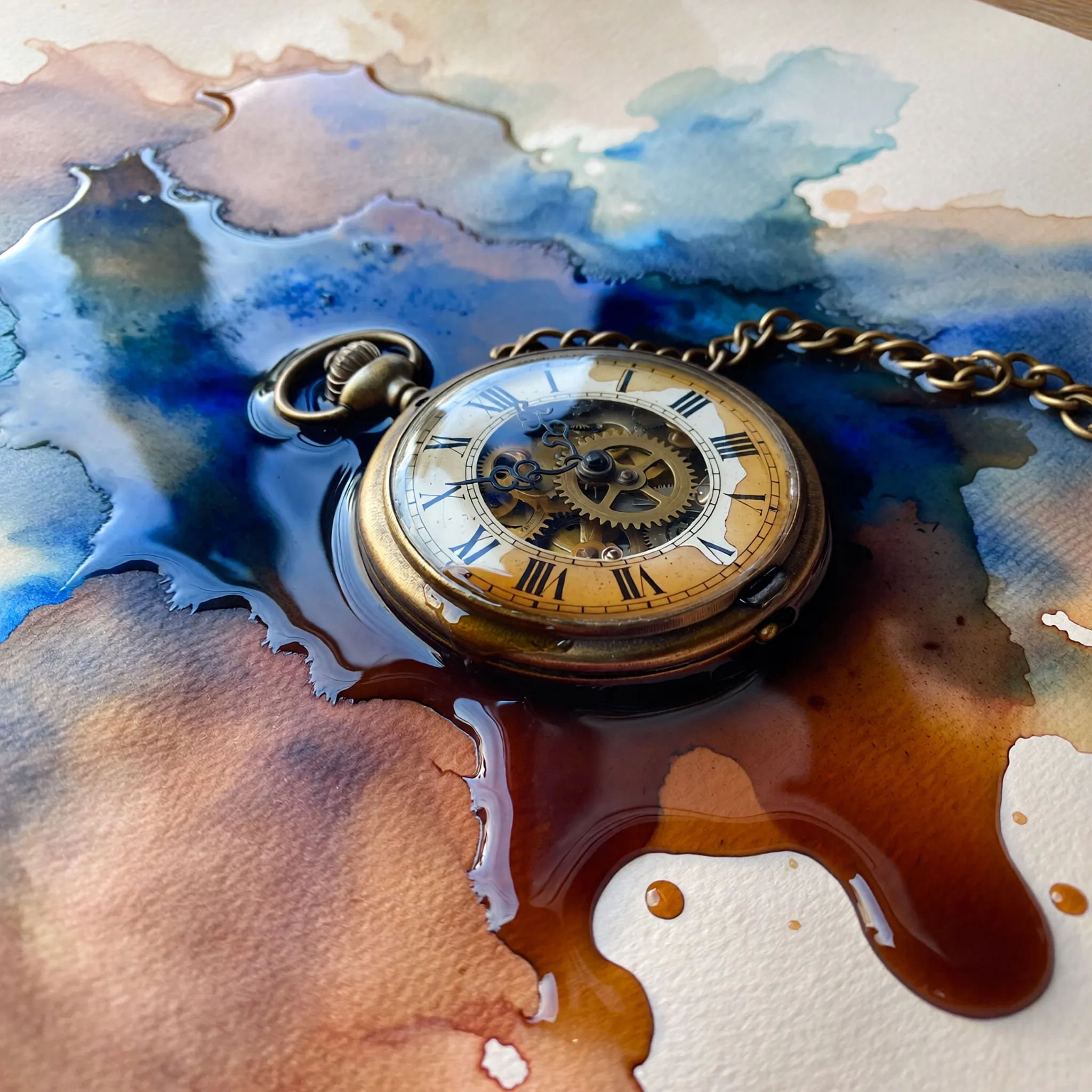 Art: En skjør, gammel klokke som sakte går i oppløsning og forvandles til flytende blekk i et eterisk tomrom. Myke akvarellvasker i indigo og brent sienna skaper en illusjon av tid som smelter bort, der pigmentene blør sømløst inn i det våte papiret.